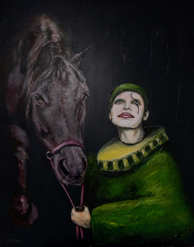 Green harlequin with horse